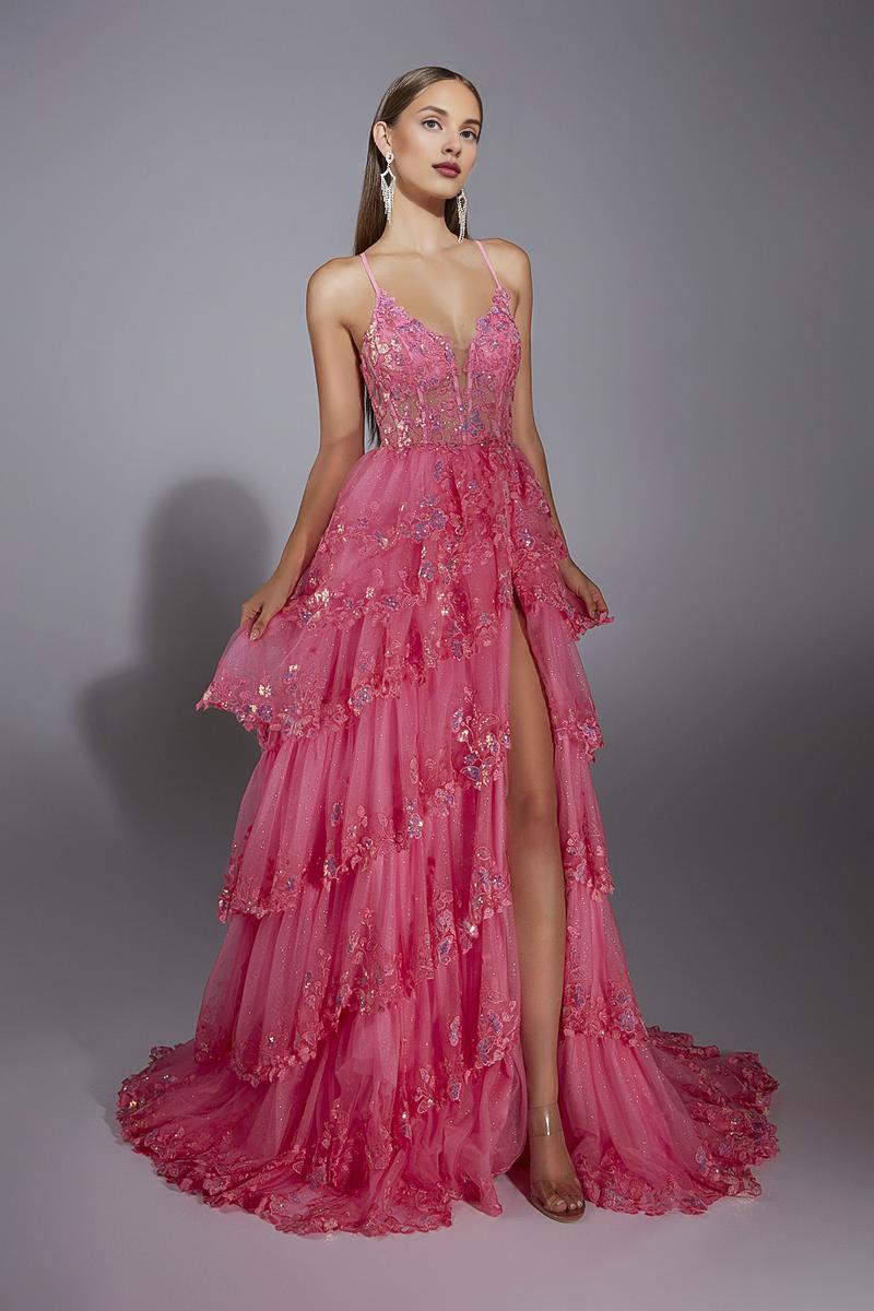 Weitese Dress Sparkle & Shine Spaghetti Straps V Neck Evening Dress A-Line/Princess Sweep/Brush Train Sequins Tiered Prom Dress